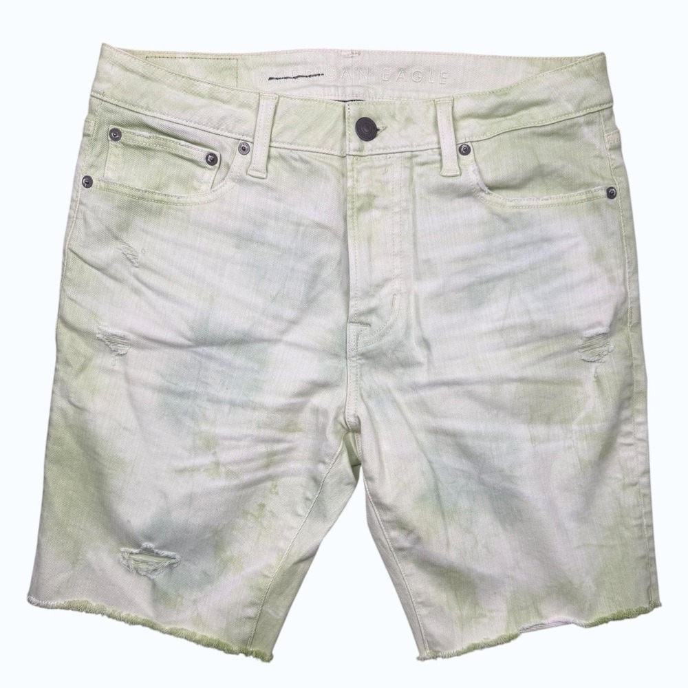 AEO Shorts Mens 32 Green Tie Dye Denim Bermuda Distressed Next Level Flex